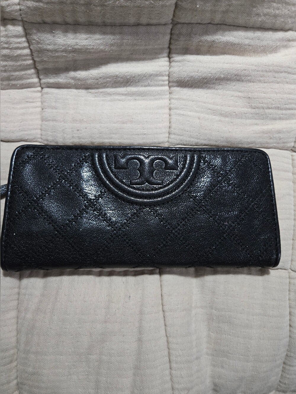 Tory Burch Black Quilted Logo Zip Wallet